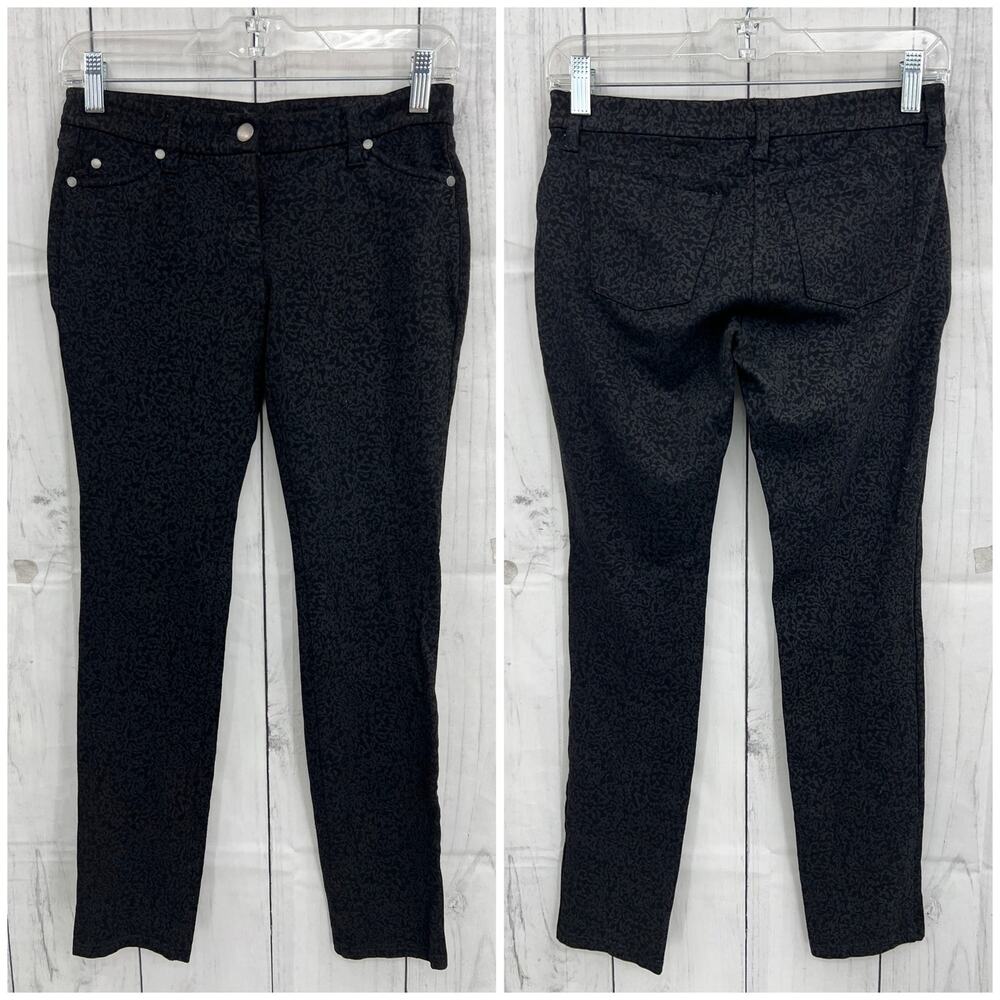 Eileen Fisher 2 Black Floral Stretchy Skinny Ankle Pants Slim Fit Trousers